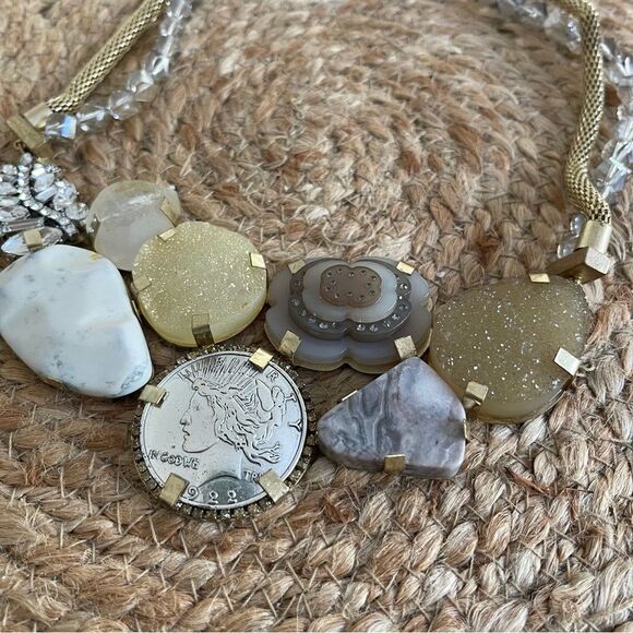 John Wind Neutral Chunky Statement Necklace Druzy Stone Coin Chain - Picture 2 of 5